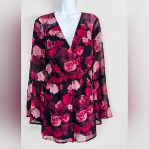 BCBGeneration Black Romper with Pink & Red Floral Print
